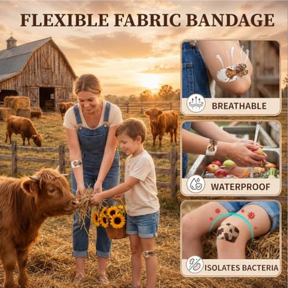 Geiserailie Large Flexible Fabric Bandages 2x4 Waterproof,Highland Cow | Cushioned Pad Protects Wounds and Cuts, Latex Free Bandages for Sensitive Skin, Stays Secure During Daily Activities - style: Highland Cow