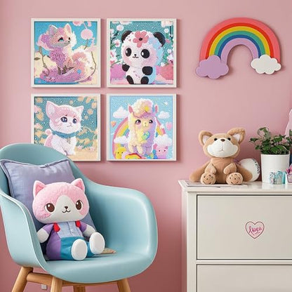 PERFECTSIGHT Cute 5D Diamond Art Kits, Kawaii DIY Painting Art for Adults Teen, 4 Pack Diamond Arts and Crafts Sets, Big Gem Full Drill Diamond Dots for Women (Panda+Kitty+Alpaca+Fox) - style: Panda+Kitty+Alpaca+Fox