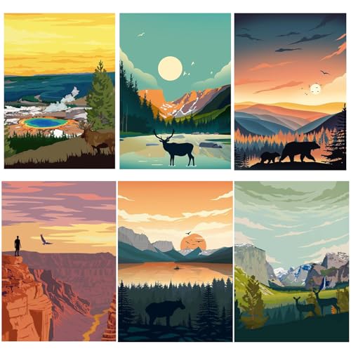 6 Packs Paint by Numbers for Adults Beginners, National Park Painting by Number Kits on Canvas Without Frame, Yellowstone Grand Teton Yosemite Lanscape Craft Arts for Home Wall Decor 9.8x13.8inch - color: LD002