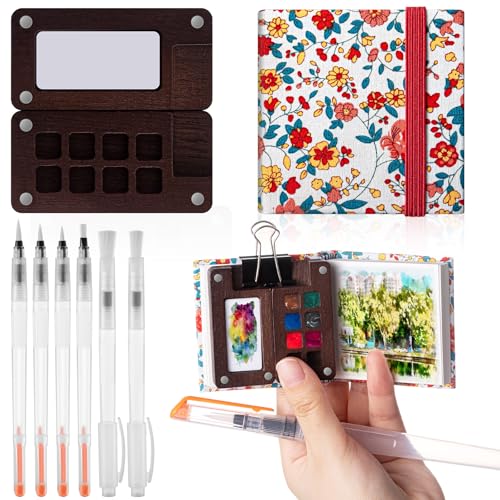 Qilery Mini Portable Watercolor Palette Set Wooden Grid Paint Box Watercolor Paper Sketch Book Brush Pens with Binder Clip for Painters Artist Not Include Paint(Red Flowers) - style: Red Flowers