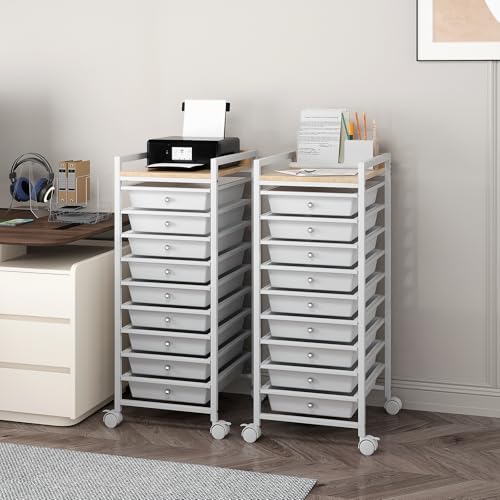 10 Tier Rolling Storage Utility Cart Organizers with 9 Drawers and Metal Fence Wooden Tabletop (White)