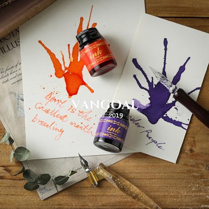VANGOAL 6 Colors Ink Set, 6 Bottles Writing/Drawing Ink Black,Blue,Purple,Orange,Red Green Ink for Fountain Pen, Glass Pen, Calligraphy Dipping Pen, Feather Pen, Quill Pen, Witch Pen