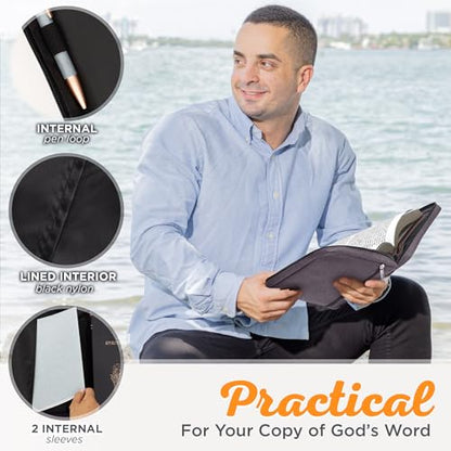 Christian Art Gifts Men & Women’s Bible Cover – Gray Canvas, Large Size with Jesus Fish Symbol – Durable, Inspirational Scripture Case with Zipper Closure, Handle, Pen Loop & Storage Pockets - color: Gray/Jesus Fish, size: Large