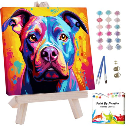 Artunion Framed Paint by Numbers Kit for Adults Beginners & Kids Ages 8-12,Colorful Pitbull Dog Paint by Number with Frame,Dog Animal Paint by Numbers Kit on Canvas 10 * 10 Inch Without Easel - color: ZXT-236-F