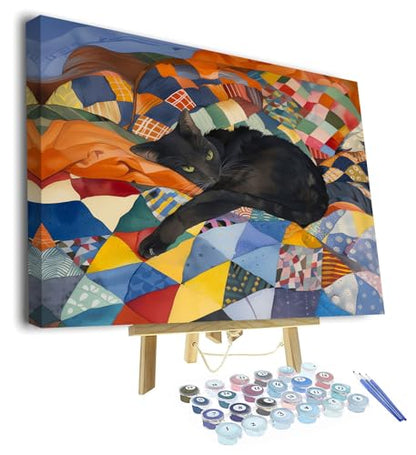 TUMOVO Paint by Numbers Kit for Adults Beginner, Adult Paint by Number Kits - Black Cat Laying on Colorful Quilt, Cozy Feline Art Painting by Numbers, DIY Pet Portrait Canvas - 16x20 Inch(Framed) - color: Cat(Framed)