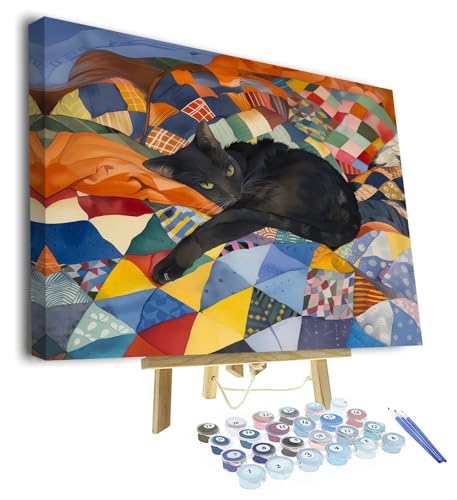 TUMOVO Paint by Numbers Kit for Adults Beginner, Adult Paint by Number Kits - Black Cat Laying on Colorful Quilt, Cozy Feline Art Painting by Numbers, DIY Pet Portrait Canvas - 16x20 Inch(Framed) - color: Cat(Framed)