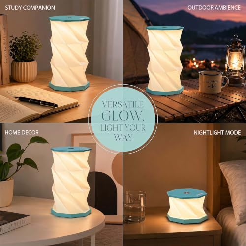 Portable Foldable Table Lamp, Japanese Gift, Paper Lantern Lights | Touch Control Dimmable Lamp with 3 Adjustable Heights, Rechargeable Warm Light, Travel Gifts for Women Men Couples (Blue) - color: Blue