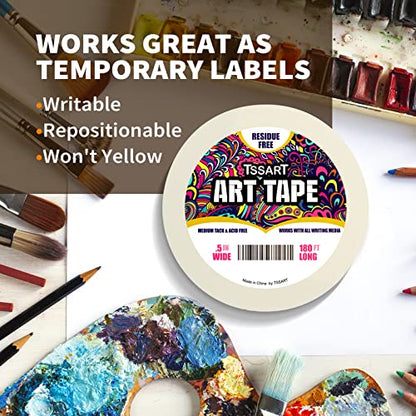 White Art Tape Medium Tack - Masking Artists Tape for Drafting Art Watercolor Painting Canvas Framing - Acid Free 1/2Inch/ 0.5inch Wide 180FT Long (Pack of 2) - size: 0.5inch (Pack of 2)