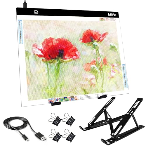 Mlife A3 Light Board Kits for Diamond Art Painting, Tracing Light Box, Light Up Tracing Pad, Diamond Art Painting Light Board for Drawing, Sketching, Animation with Foldable Stand & 4 Fasten Clips - style: A3 kits
