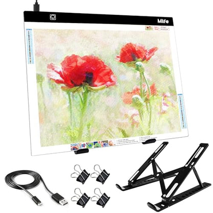 Mlife A3 Light Board Kits for Diamond Art Painting, Tracing Light Box, Light Up Tracing Pad, Diamond Art Painting Light Board for Drawing, Sketching, Animation with Foldable Stand & 4 Fasten Clips - style: A3 kits