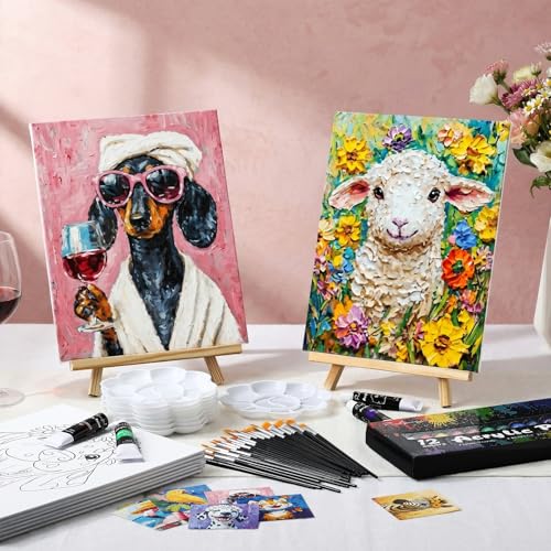 Cholemy 36 Pcs Paint and Sip Kit Gift for Adults 8''x10'',Flower Animals A | Pre Drawn Canvas, Painting DIY Afro Acrylic Painting Kit, Wood Easel Brushes, Date Night Bulk, Summer Halloween Party - style: Flower Animals A