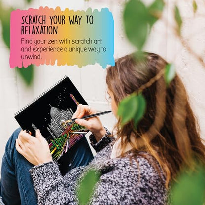 Scratch Art Book for Adults - City Series, 10 Rainbow Art and Crafts for Adults | Adult scratch art & foil art for adults kit | stress relief scratch painting, screen-free travel craft | scratch art adult - color: City series