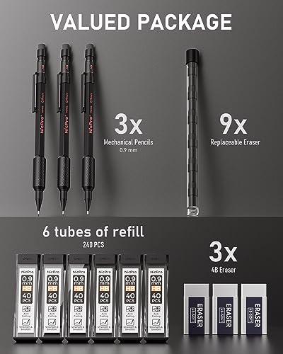 Nicpro 0.9 Metal Mechanical Pencil Set with Case, 3PCS | MP2000 Heavy Duty Lead Pencil + 6 Tube HB Lead Refill, Eraser, Weatherproof Metal Barrel for Outdoor Writing Drafting Drawing - size: 1 Count (Pack of 3)