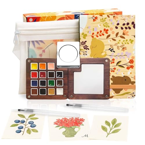 Mini Watercolor Paint Set - 15 Color Travel Watercolor Kit, Pocket Watercolor Paint Palette Set with Watercolor Book, Binder Clips, Pens, Storage Bag, Wooden Paint Box for Painters Artists Student - color: Rabbit