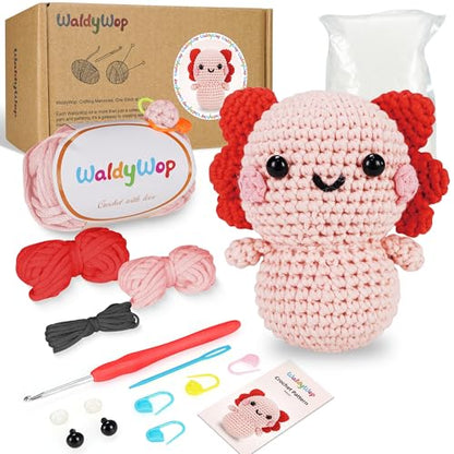 WaldyWop Crochet Kit for Beginners Adults, Wobbles Crochet Animal Kit, Complete Starter Knitting Set w/Step-by-Step Video Tutorials, Easy Yarn (Extra 40%), Hook - DIY Craft Kits, Gifts for Women - color: Axolotl