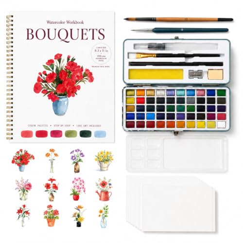 Drawmend Watercolor Paint Set & Workbook for Beginners, 50 Colors, 4 Brushes, 12 Step-by-Step Projects, 300 GSM Paper, 11 x 8.3 in Lay-Flat Book for Adults,Creative Art Gift (Bouquets, with Palette) - color: Bouquets, size: With Palette