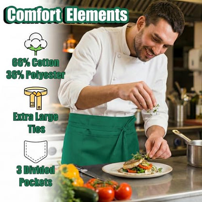 TOSHE Waist Apron 3 Pockets Waterdrop Resistant Cotton Server,Chef,Waitress - color: Green