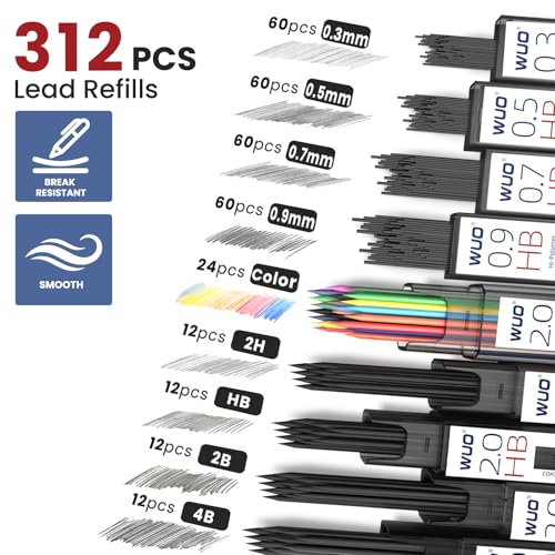 WUO Mechanical Pencil Set, 5 Pack Drafting Pencils 0.3/0.5/0.7/0.9/2.0mm | Mechanical drawing pencils, 312 lead refills, erasers/sharpeners for drafting, technical drawing, sketching, writing & art - color: Black, size: 0.3/0.5/0.7/0.9/2.0