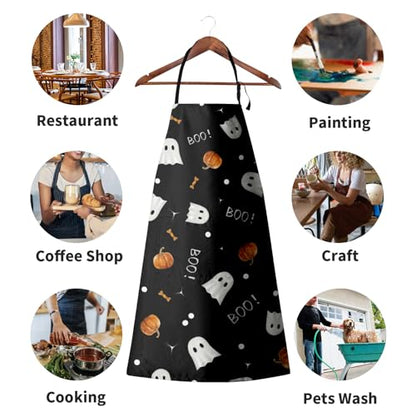 Halloween Kitchen Apron with Pockets Orange Pumpkin Cute White Ghost Chef Aprons Spooky Boo Holiday Waterproof Adjustable Aprons for Women Men Cooking - color: Ghost Pumpkin