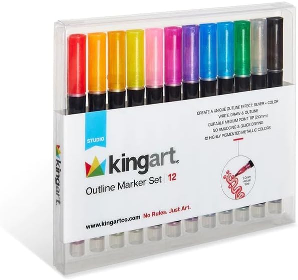 KINGART 12 Colors Outline Glitter Markers, Shimmer Metallic Gel Pens Stocking Stuffers Gifts Trendy Stuff, Cool Fun Craft Drawing Art School Teacher Supplies