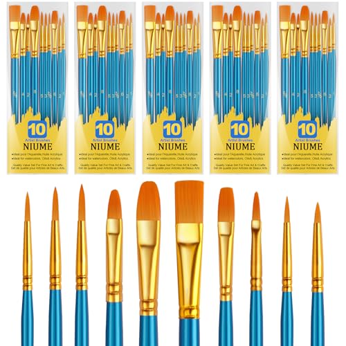 Acrylic Paint Brushes Set, 50Pcs Round Pointed Tip Artist Paintbrushes for Acrylic Painting Oil Watercolor Canvas Boards Rock Body Face Nail Art, Halloween Pumpkin Ceramic Crafts Supplies，Blue - color: Blue, size: 5 Pack