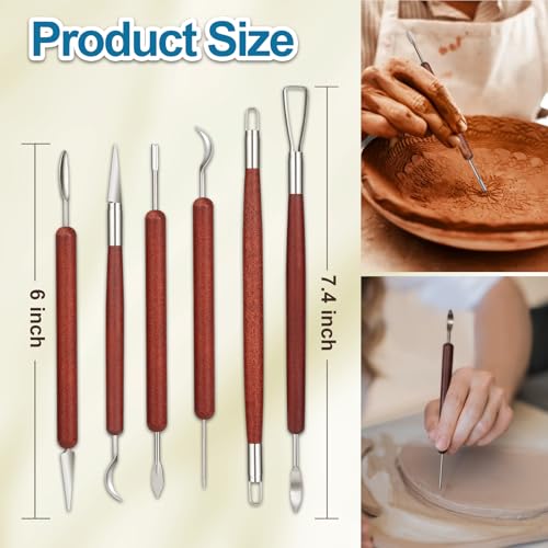 Amrules 6 Pcs Double-Ended Clay Carving Tools Set for Adults, Red | Double-Ended Stainless Steel Tips, Smooth Wood Handles, 12 Shapes for Shaping, Smoothing & Detailing, Ideal for All Levels - color: Red-Sculpting-6Pcs
