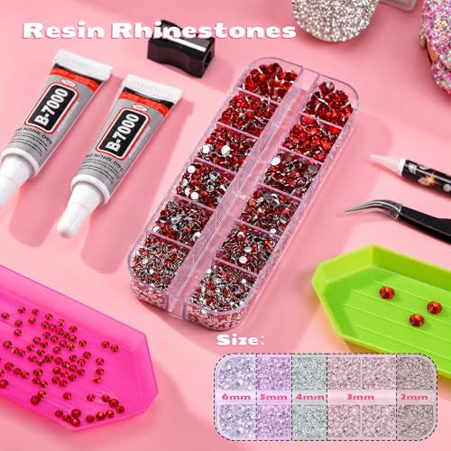 25000 Pcs Resin Jelly Rhinestones Kit, Red 2/3/4/5/6mm Flatback Rhinestones with 2 Pcs B7000 Jewelry Glue & Tools, All-in-One Bedazzling Kit for DIY Arts & Crafts Gifts - color: Red