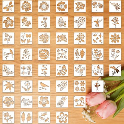 50 Pcs Large Flower Stencils for Painting, 3.94 X 3.94 Inch Flower Stencils for Crafts Reusable, Wood and Wall Stencils for Painting Large Pattern, DIY Templates Holiday Wall Paper (J) - style: J