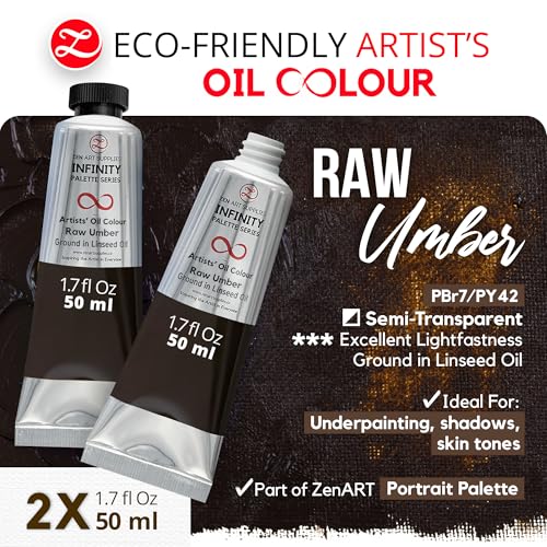 ZenART Professional Oil Paint Set - Artist Grade Raw Umber - 2x50ml | Non-Toxic, Buttery Consistency, Rich Pigment, Lightfast Oil Paints for Primed Surface Canvas, Fine Art, Portraits & Landscape - color: Raw Umbre