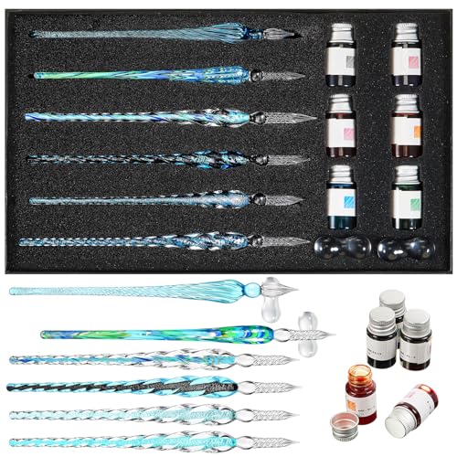 Zonon 14 Pcs Glass Dip Pen Ink Set for Art Supplies, Blue Color Style | 6 Crystal Dip Pen with 6 Colorful Ink 2 Holder, Crystal Signature Calligraphy Pen, Art Writing Supplies, Artists Teacher Gift - color: Blue Color System