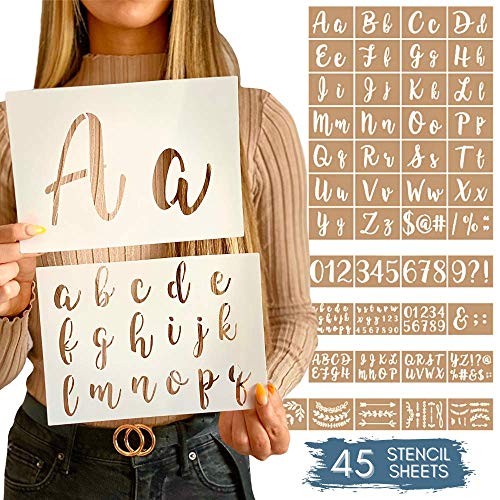 Boutique Calligraphy Stencil Template Kit | 45 Reusable Pieces | Lettering Upper, Lowercase, Large & Small | Numbers, Punctuation, Laurels and Flowers - For Arts Crafts Painting Wood (Calligraphy Kit) - style: Calligraphy Stencils