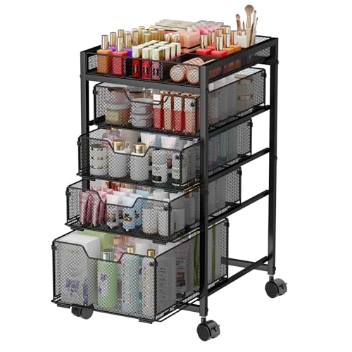 5-Tier Rolling Makeup Cart Organizer with 4 Drawers, Cosmetics Display with Dividers, Floor Skincare Storage with Wheels, Versatile Vanity Organizer for Nail Polish Perfume Brush Hair Tool, Black - color: Black, size: 5 Tier with 4 Drawers