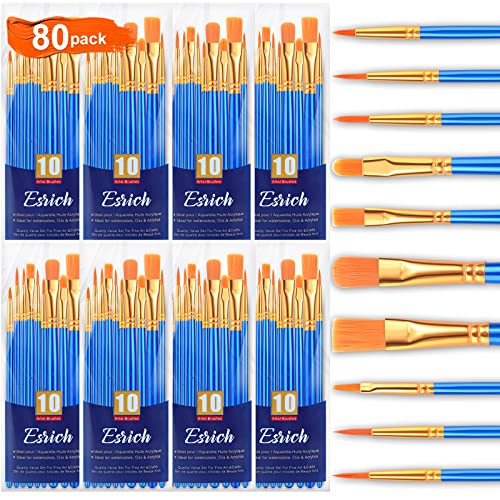 ESRICH Acrylic Paint Brushes Set, 8Packs 80 Pcs Nylon Paintbrushes | Acrylic Oil Watercolor Rock Body Face Nail Art Perfect Suit of Art Painting, Best Gift for Kids Adult Drawing - color: Blue, size: 80