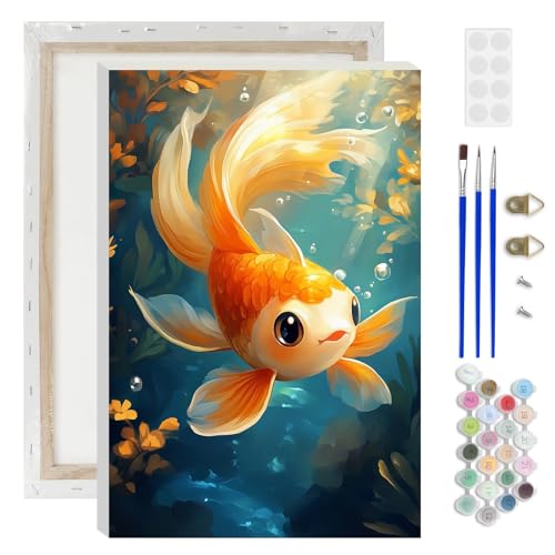 Lxmsja Koi Fish Paint by Numbers Kit for Adults, Underwater Plants Acrylic Paint by Numbers for Adults Beginner, DIY Craft Supplies Oil Painting Kits for Home Wall Decor 8x12 inch (Framed) - color: yellow#113