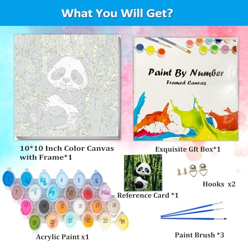 Artunion Framed Paint by Numbers Kit for Adults Beginners & Kids Ages 8-12,Panda Bear Paint by Number with Frame,Cute Animal Paint by Numbers Kit on Canvas 10 * 10 Inch Without Easel - color: ZXT-321-F