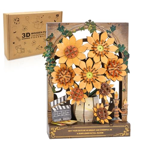 3D Puzzles for Adults Sunflower Bloom Wooden Bloom Craft with LED Light - color: Sunflower