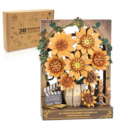 3D Puzzles for Adults Sunflower Bloom Wooden Bloom Craft with LED Light - color: Sunflower