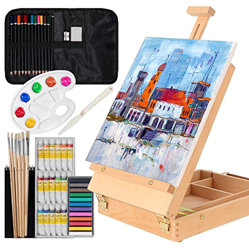Kuyal Art Kit, 45 Piece Wooden Paint Set Crafts Drawing Painting Kit with Box Easel and 18 Acrylic Oil Paint Colors, 12 Color Pencil Etc. for Teens Adults Artist, Art Supplies