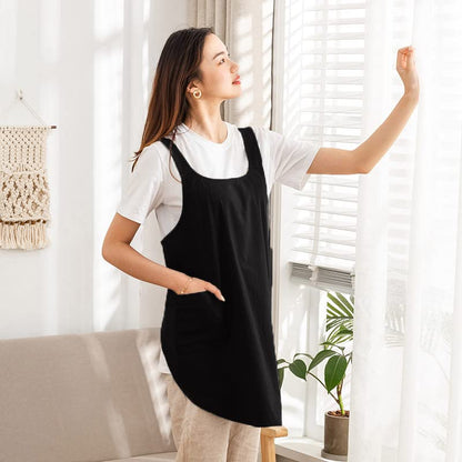 Cotton Cross Back Aprons Solid Color Cooking Kitchen Garden Smock for Women Girls with Pockets - color: Black