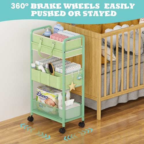 LIDTOP 2in1 Baby Diaper Caddy Organizer Cart, 3-Tier Rolling Cart, Metal Diaper Caddy Carts, Bedside Carts for Nursery Essentials Storage, Detachable Dividers, Large Capacity, Green - color: Green