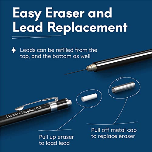 MozArt Mechanical Pencil Set with Case - 4 Sizes: 0.3, 0.5, 0.7 & 0.9mm with 30 HB Lead Refills Each & 4 Eraser Refills -Sketch, Drafting, Art, Drawing Supplies (Black) - color: Black