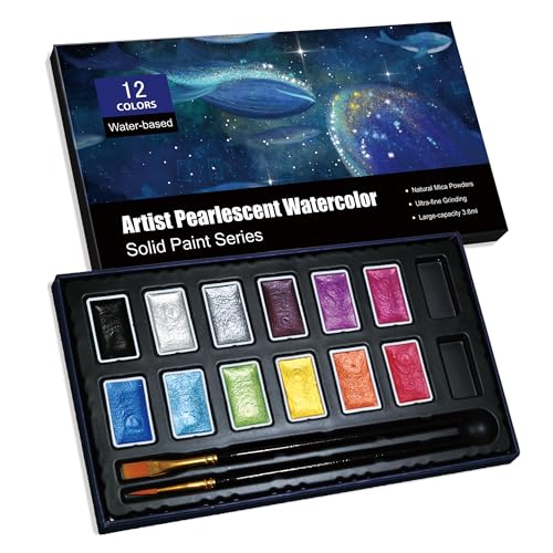Shimmer Watercolor Paint Set, 12 Colors Glitter Metallic Watercolour Painting Sets, Solid Pearl Water Color Paints for Artists, Amateur Hobbyists and Painting (12 Colours) - color: 12 Colours（3.6ml）