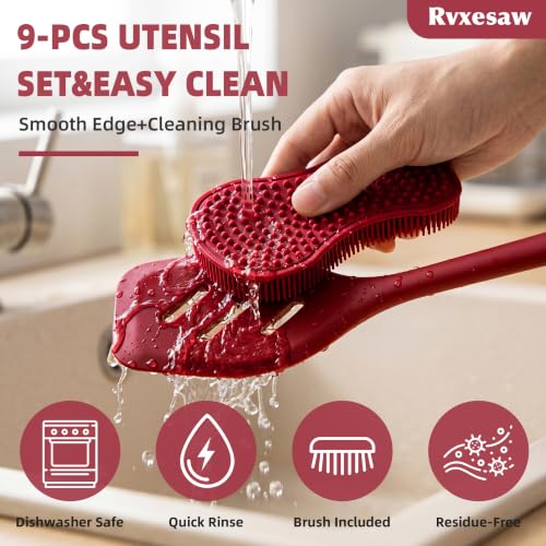 Kitchen Utensils Set,9 PCS Silicone Cooking Utensils Set Spatula Set,Cooking Utensils Tool,Tongs,Spoon,Whisk,Brush,Dishwasher Safe Kitchen Gadgets for Non-Stick Cookware,Home Essential(Red) - color: PERSIAN RED