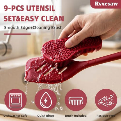 Kitchen Utensils Set,9 PCS Silicone Cooking Utensils Set Spatula Set,Cooking Utensils Tool,Tongs,Spoon,Whisk,Brush,Dishwasher Safe Kitchen Gadgets for Non-Stick Cookware,Home Essential(Red) - color: PERSIAN RED