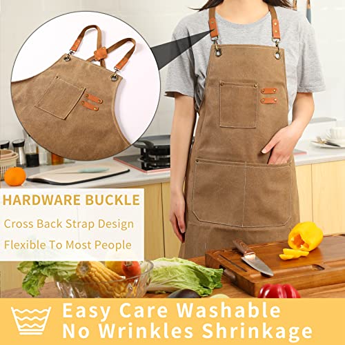 Tosewever Canvas Cross Back Chef Cotton Aprons for Men Women with Large Pockets - color: Cappuccino Brown