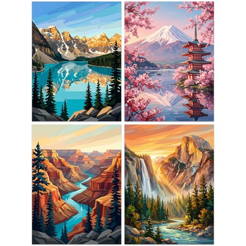 Lanzeyo Diamond Art Kits for Adults-4 Pack World Landscapes Diamond Painting Kits, Travel Posters Gem Art Crafts, Beginner Friendly 5D DIY Full Drill Canvas for Home Wall Decor, 12x16 Inch - color: 09 World Landscapes