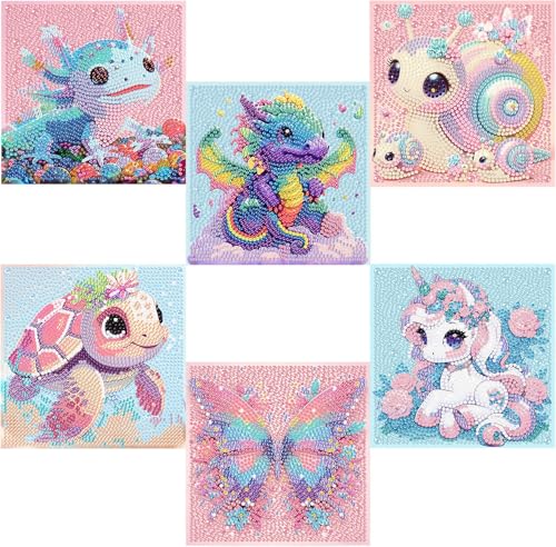 6 Pack Animal Diamond Art Kits for Kids - 5D Diamond Painting Kits for Kids | 5D Diamond Art Painting Kit for Kids,Round Diamond Dots Full Drill Gem Art DIY Craft for Girls Boy for Home Decor Gift 7x7 In - color: 6 Packs Animals Diamond Art