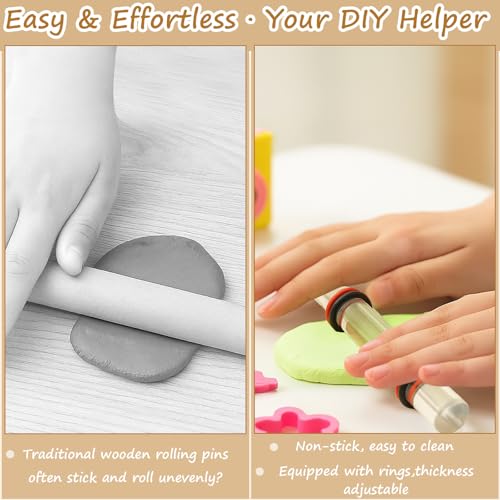2-Piece Polymer Clay Acrylic Rolling Pin Set – Clear Slab Roller Tools with Thickness Rings for DIY Sculpting & Air-Dry Clay Projects