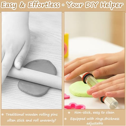 2-Piece Polymer Clay Acrylic Rolling Pin Set – Clear Slab Roller Tools with Thickness Rings for DIY Sculpting & Air-Dry Clay Projects
