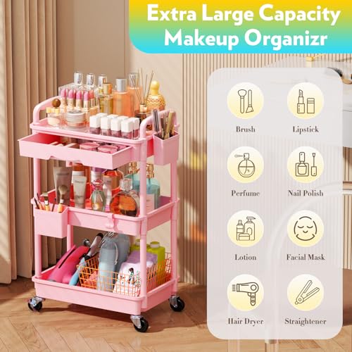 SUNALLY Makeup Cart Organizer with Drawer, 3 Tier Rolling Makeup Cart, Pink - color: Pink, size: 3 Tier